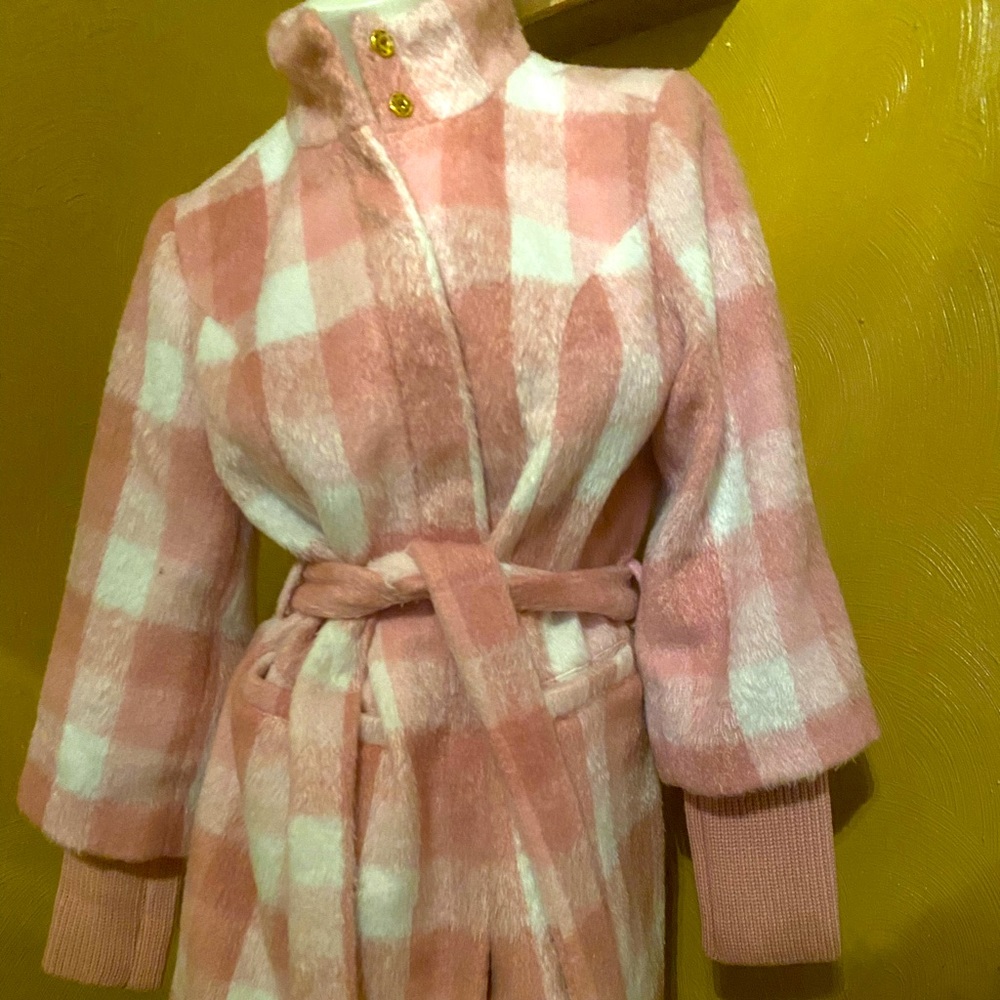 Pink and white furry trench coat